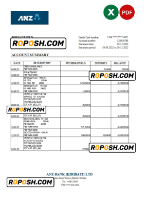 Kiribati ANZ bank statement Excel and PDF template