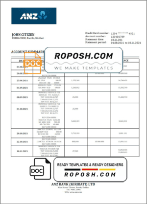 Kiribati ANZ bank statement template in Word and PDF format