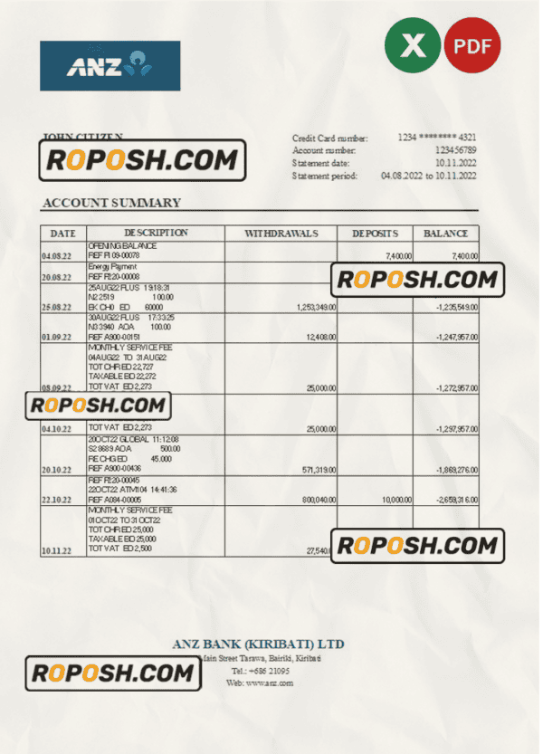 Kiribati ANZ bank statement Excel and PDF template