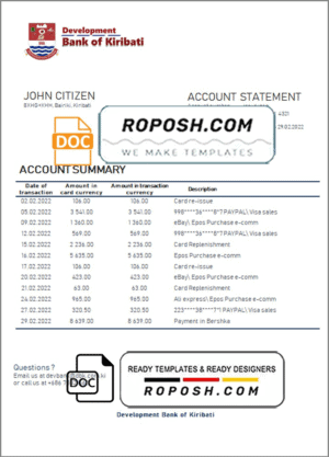 Kiribati Development Bank of Kiribati bank statement template in Word and PDF format