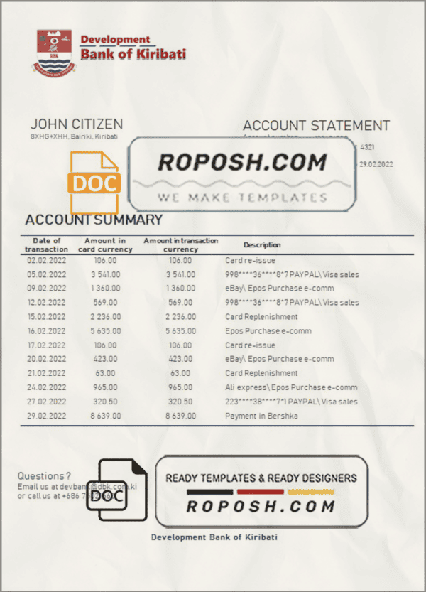 Kiribati Development Bank of Kiribati bank statement template in Word and PDF format