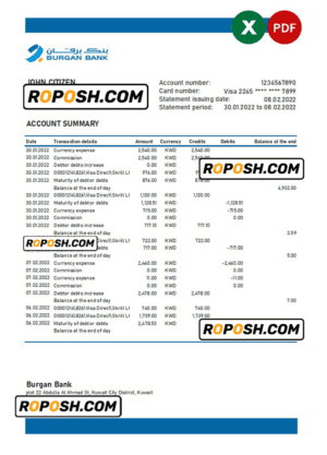 Kuwait Burgan bank statement Excel and PDF template