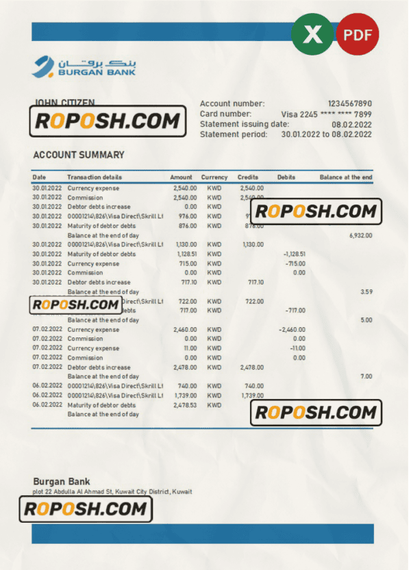 Kuwait Burgan bank statement Excel and PDF template