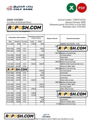 Kuwait Gulf bank statement Excel and PDF template