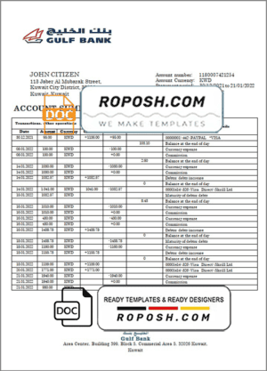 Kuwait Gulf Bank statement template in Word and PDF format