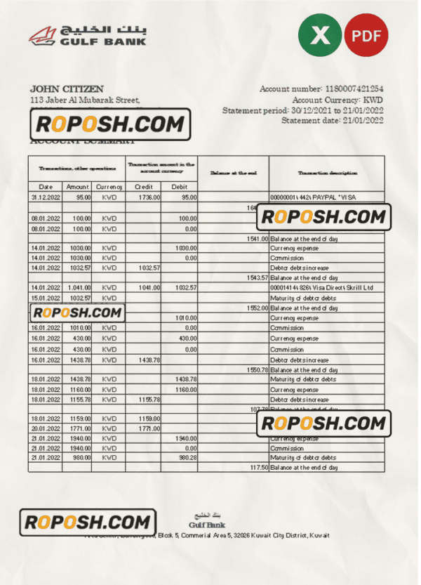Kuwait Gulf bank statement Excel and PDF template