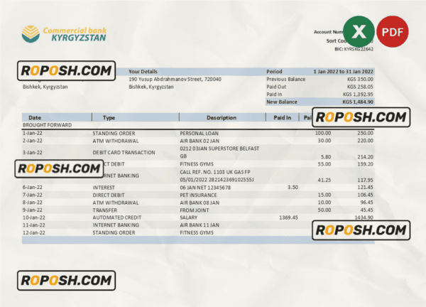 Kyrgyzstan Commercial bank statement Excel and PDF template