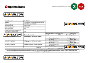Kyrgyzstan Optima bank statement Excel and PDF template