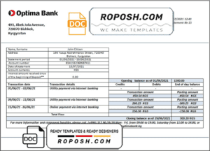 Kyrgyzstan Optima Bank statement template in Word and PDF format