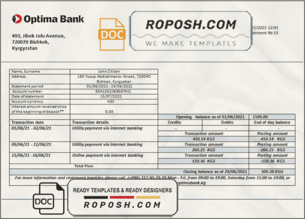 Kyrgyzstan Optima Bank statement template in Word and PDF format