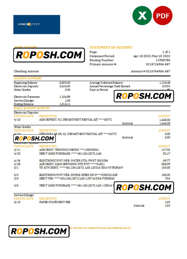 Laos Lao Viet bank statement Excel and PDF template