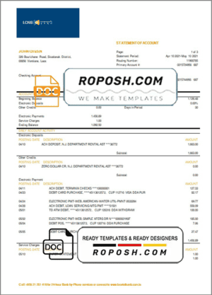 Laos LCNB Bank statement template in Word and PDF format