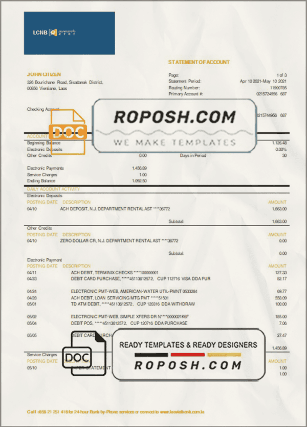 Laos LCNB Bank statement template in Word and PDF format