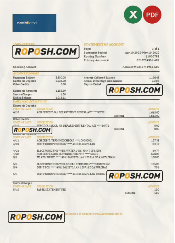 Laos Lao Viet bank statement Excel and PDF template