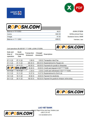 Laos Lao Viet bank statement Excel and PDF template