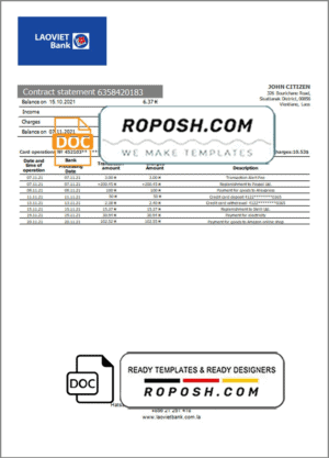 Laos Lao Viet Bank statement template in Word and PDF format