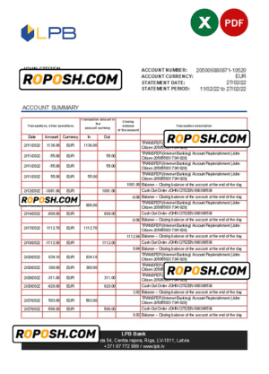 Latvia LPB bank statement Excel and PDF template