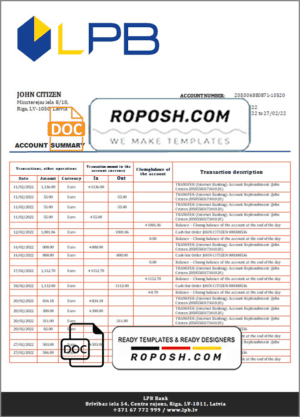 Latvia LPB bank statement template in Word and PDF format