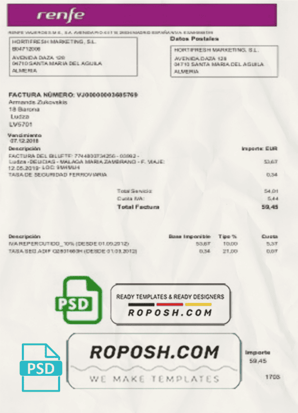 Latvia Renfe utility bill template, fully editable in PSD format