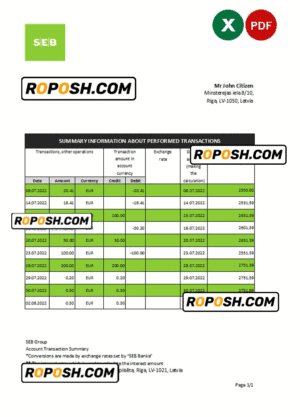 Latvia SEB bank statement Excel and PDF template