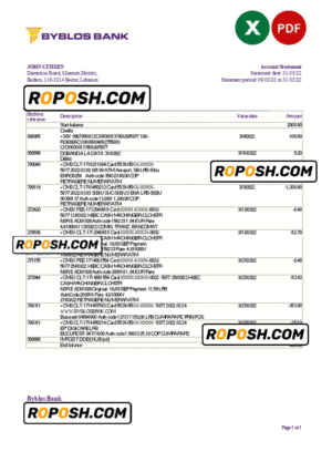 Lebanon Byblos bank statement Excel and PDF template