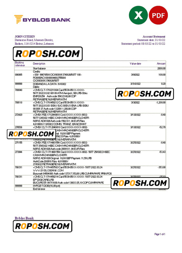Lebanon Byblos bank statement Excel and PDF template