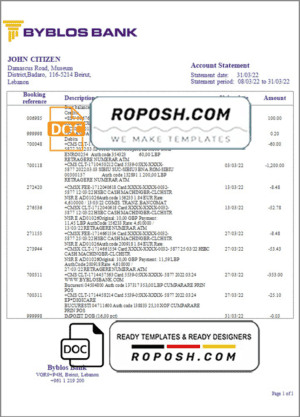 Lebanon Byblos Bank statement template in Word and PDF format