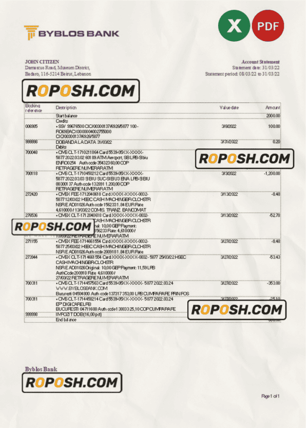 Lebanon Byblos bank statement Excel and PDF template