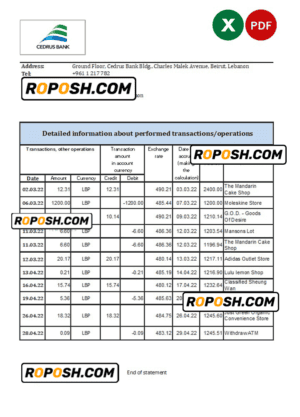 Lebanon Cedrus bank statement Excel and PDF template