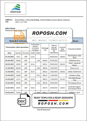 Lebanon Cedrus Bank statement template in Word and PDF format