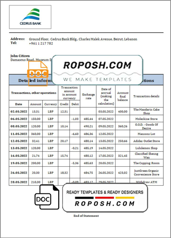 Lebanon Cedrus Bank statement template in Word and PDF format