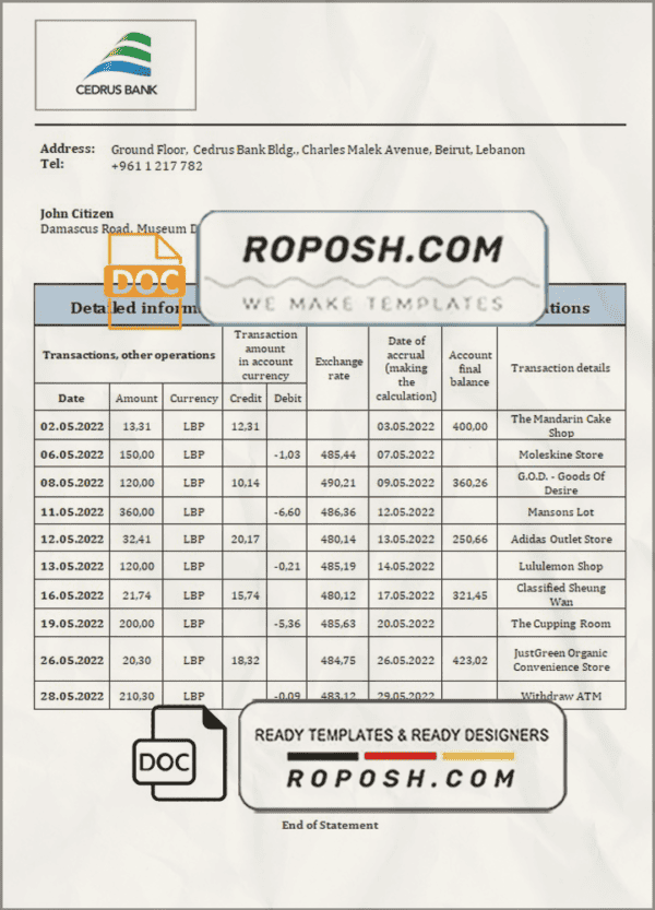 Lebanon Cedrus Bank statement template in Word and PDF format