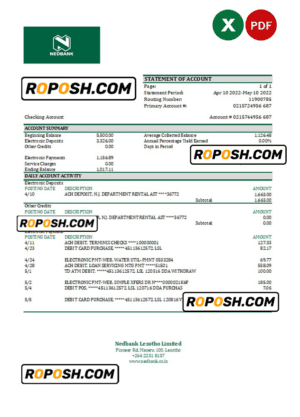 Lesotho Nedbaank bank statement Excel and PDF template
