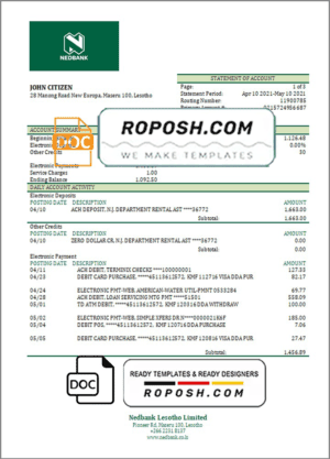 Lesotho Nedbank bank statement template in Word and PDF format