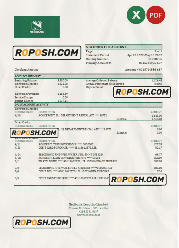 Lesotho Nedbaank bank statement Excel and PDF template