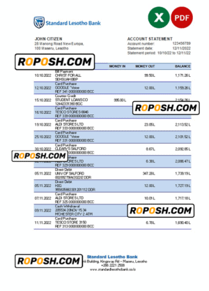 Lesotho Standard Lesotho Bank statement Excel and PDF template