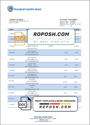 Lesotho Standard Lesotho Bank statement template in Word and PDF format