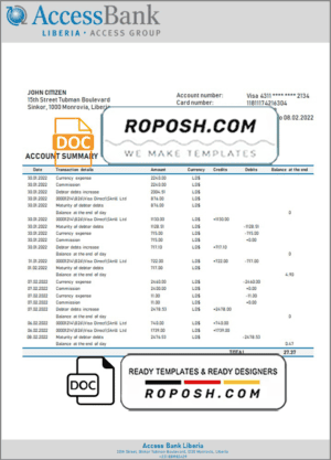 Liberia Access Bank statement template in Word and PDF format