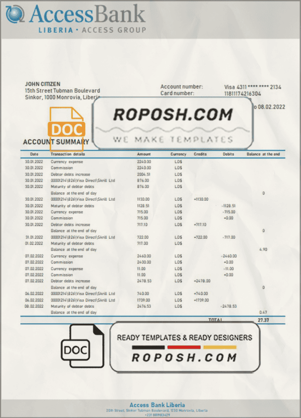 Liberia Access Bank statement template in Word and PDF format