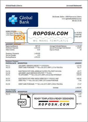 Liberia Global Bank statement template in Word and PDF format