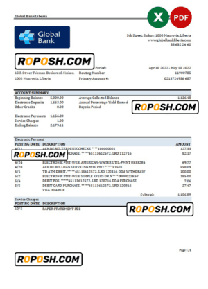Liberia Global Bank statement Excel and PDF template