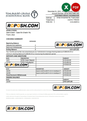 Libya Jumhouria bank statement Excel and PDF template