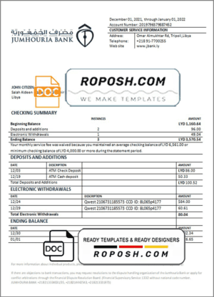 Libya Jumhouria Bank statement template in Word and PDF format