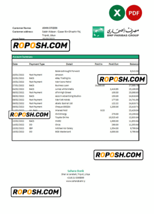 Libya Sahara Bank statement Excel and PDF template