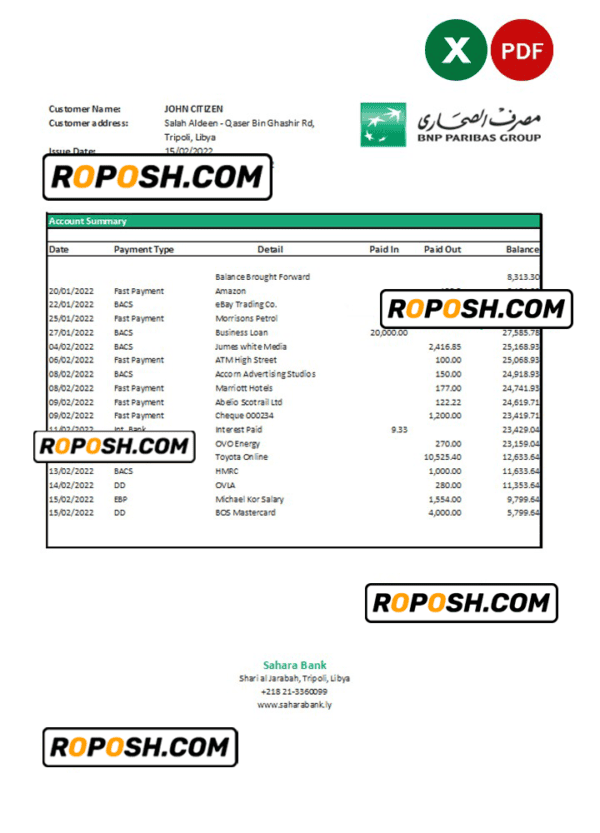 Libya Sahara Bank statement Excel and PDF template