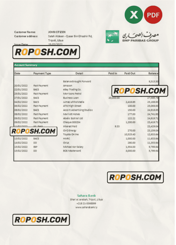 Libya Sahara Bank statement Excel and PDF template