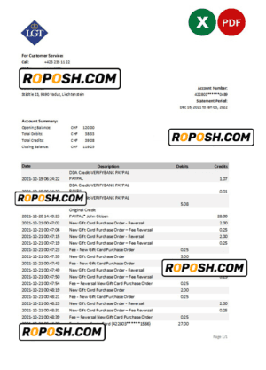Liechtenstein LGT bank statement Excel and PDF template