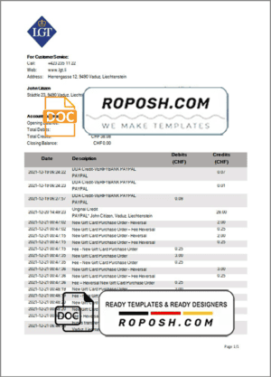 Liechtenstein LGT bank statement template in Word and PDF format