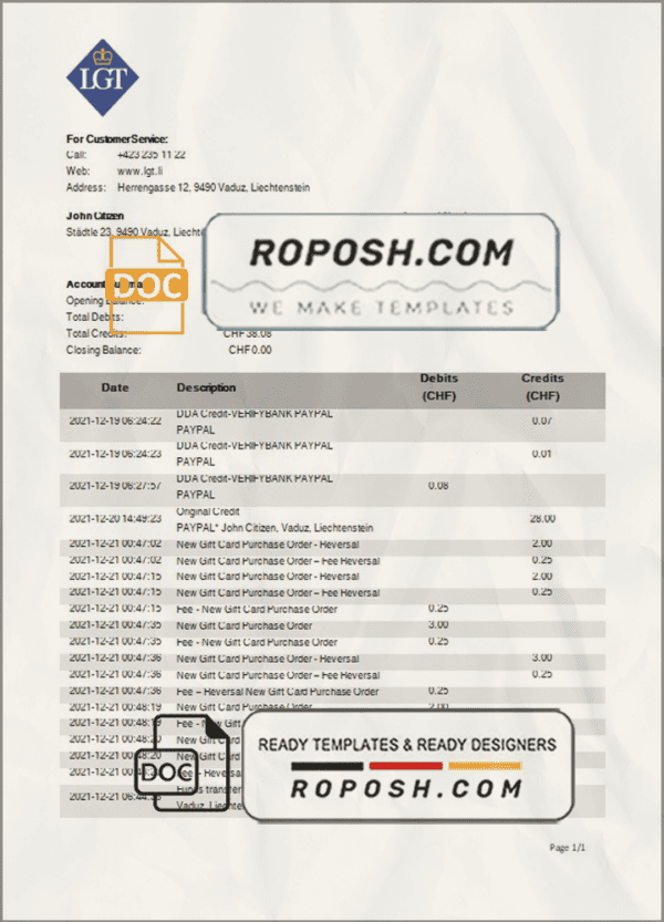 Liechtenstein LGT bank statement template in Word and PDF format