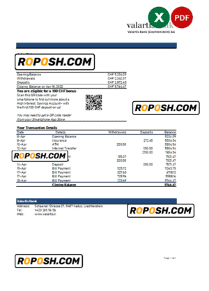 Liechtenstein Valartis bank statement Excel and PDF template